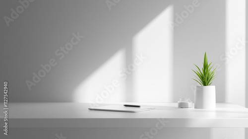 Obraz na płótnie Minimalist Workspace Design Featuring a Digital Tablet and a Potted Plant in a Bright Environment w salonie