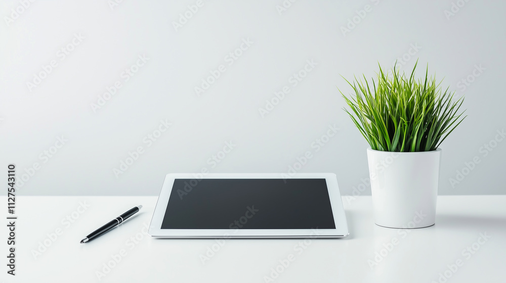Minimalist Workspace With a White Desk, Digital Tablet, Pen, and a Small Potted Plant Designed for Creative Inspiration