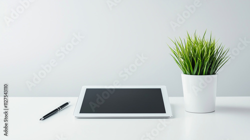 Obraz na płótnie Minimalist Workspace With a White Desk, Digital Tablet, Pen, and a Small Potted Plant Designed for Creative Inspiration w salonie