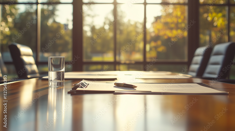 Bright Conference Room Showcasing a Polished Boardroom Table Ready for Important Discussions and Strategic Planning