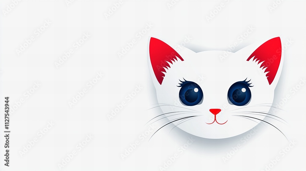 Cute cartoon white cat face with big blue eyes and red ears against a light background.