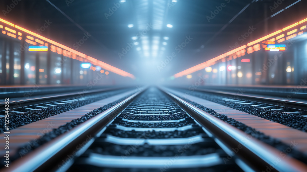 Train tracks stretch towards a hazy, illuminated station at twilight Train tracks stretch towards a hazy, illuminated station at twilight