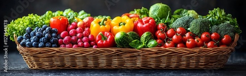 Long wicker basket of fresh produce including blueberries and vegetables