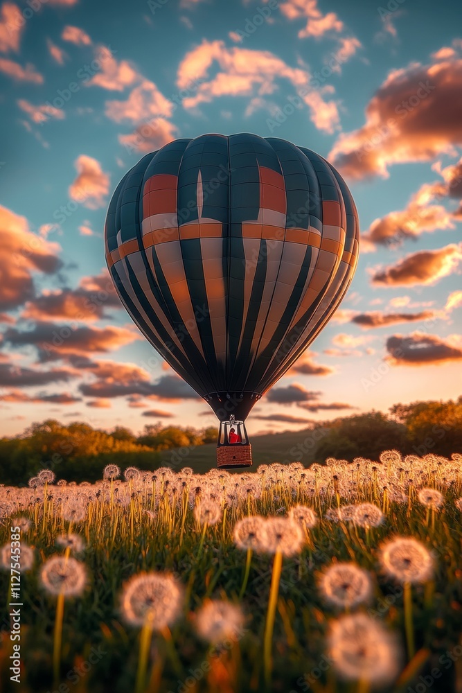 Fototapeta premium A small hot air balloon floats gracefully above an expansive field filled with dandelions, basking in the warm light of the setting sun against a blue sky with clouds