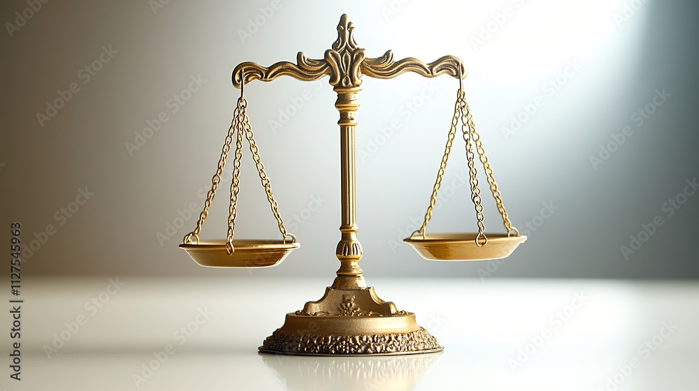 close-up of balanced golden scale placed on smooth white surface symbolic of fairness close-up of balanced golden scale placed on smooth white surface symbolic of fairness