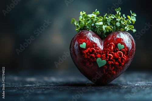 A heart shaped vase with a plant growing out of it, great for Valentine's Day or other romantic occasions photo