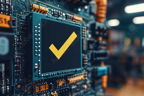 A close-up of a circuit board featuring a yellow arrow, suitable for use in technology and electronics illustrations photo