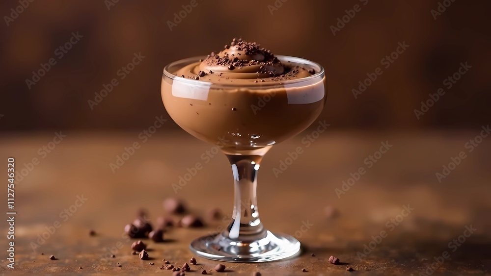 Dessert with mocha mousse in transparent dessert vase, soft brown background. Color trend concept, delicious banner with space for text. Trend color of 2025 Dessert with mocha mousse in transparent dessert vase, soft brown background. Color trend concept, delicious banner with space for text. Trend color of 2025