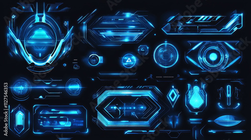 Neon blue abstract neo tribal shapes on black background on poster design template in y2k trendy style. Vector set of banner and cover layout with minimalistic cyberpunk gothic elements and stickers. photo