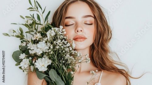 Serene young woman with eyes closed, holding a bouquet of white flowers.