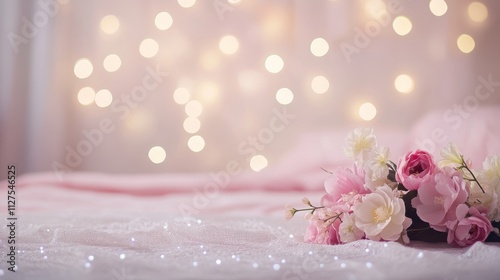 Pink flowers on a bed with bokeh lights.