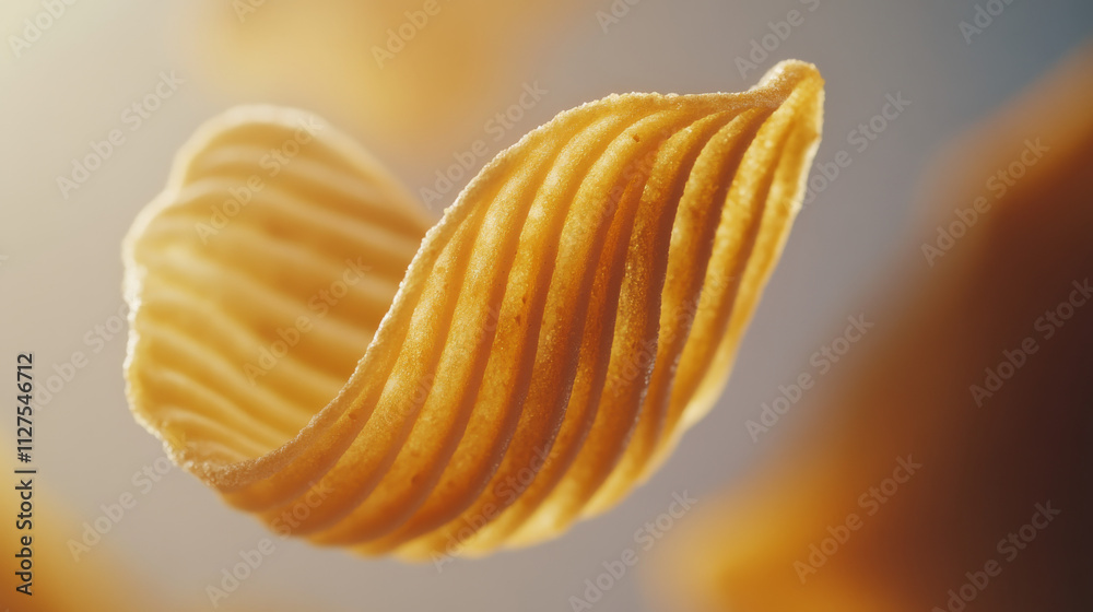 3d crisp potato chip floating. Snack food explosion vector background. Crispy yellow slice appetizer for advertising bg. Wavy realistic fried salted vegetable. Delicious closeup scene with blur 3d crisp potato chip floating. Snack food explosion vector background. Crispy yellow slice appetizer for advertising bg. Wavy realistic fried salted vegetable. Delicious closeup scene with blur