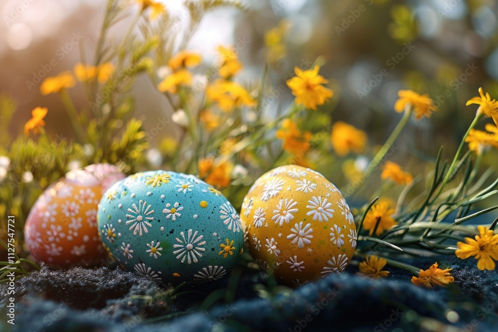 Three colorful Easter eggs placed among blooming flowers Three colorful Easter eggs placed among blooming flowers