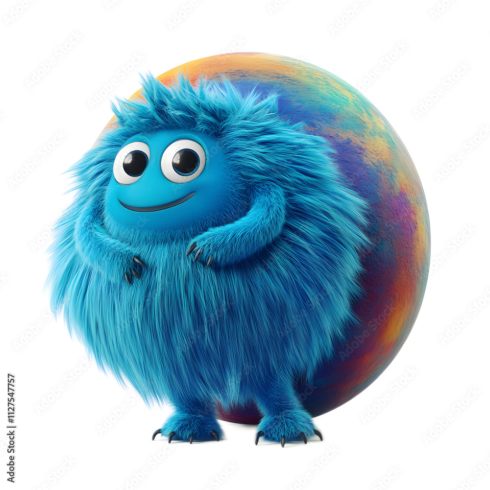 Fototapeta premium Friendly Blue Fuzzy Character with Colorful Sphere Background