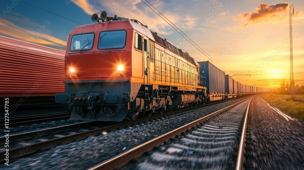 Freight train journey at sunset scenic landscape transportation photography industrial environment dynamic perspective Freight train journey at sunset scenic landscape transportation photography industrial environment dynamic perspective