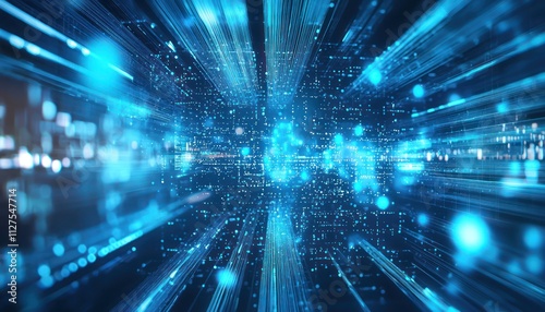 A glowing, abstract light blue background illustrates the fusion of digital technology and medical science, with futuristic symbols representing data-driven healthcare.
