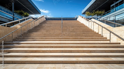 A set of broad stairs in a stadium, featuring durable stone steps, metal handrails, and clean architectural lines enhancing the venuea??s modern style photo