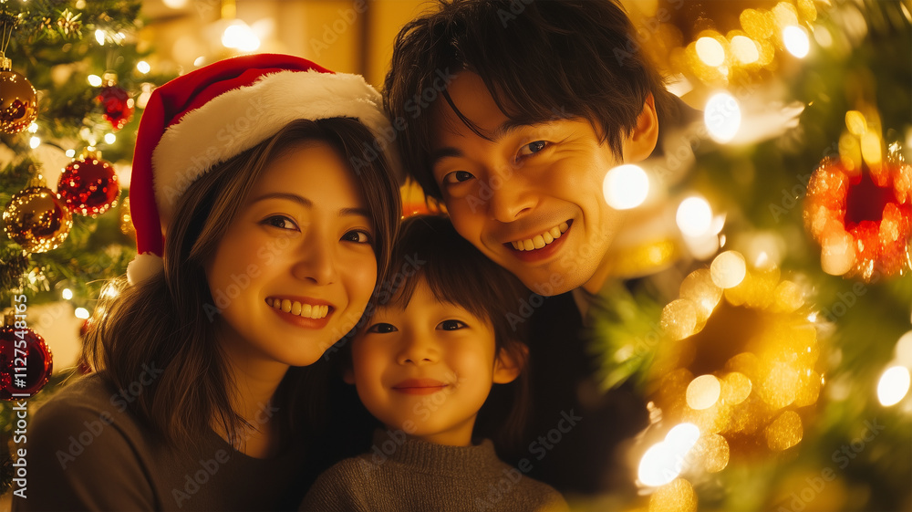 サンタ帽をかぶった日本人家族のクリスマスの笑顔 サンタ帽をかぶった日本人家族のクリスマスの笑顔