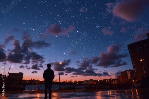 A person gazing at a cosmic sky filled with stars and clouds, lost in thought.