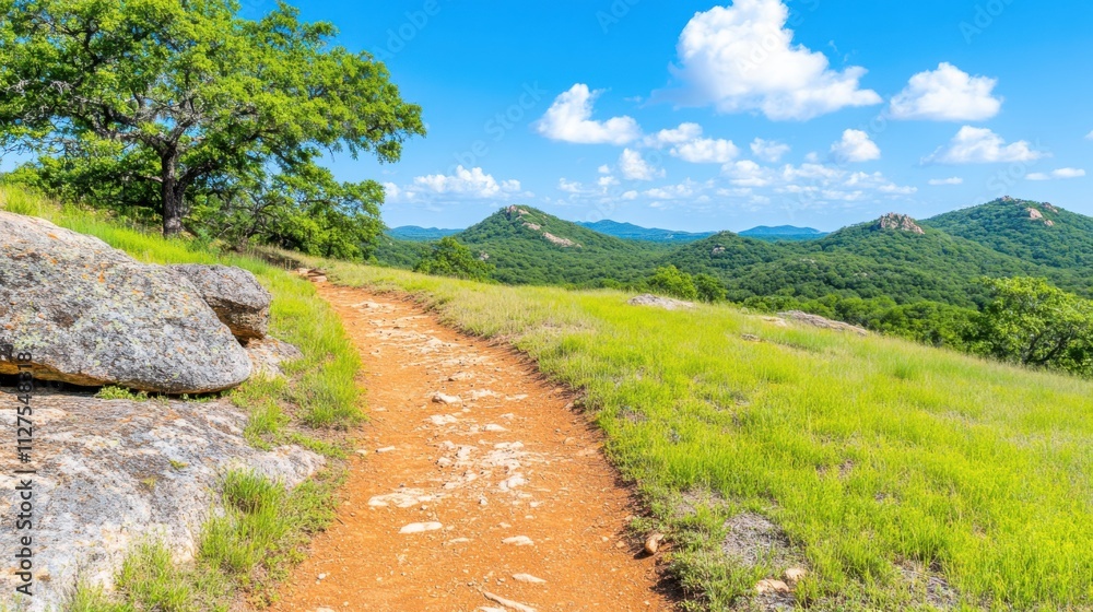 Scenic hiking trail showcasing red-brown dirt pathways and vibrant greenery under a bright blue sky ideal for outdoor adventures Scenic hiking trail showcasing red-brown dirt pathways and vibrant greenery under a bright blue sky ideal for outdoor adventures