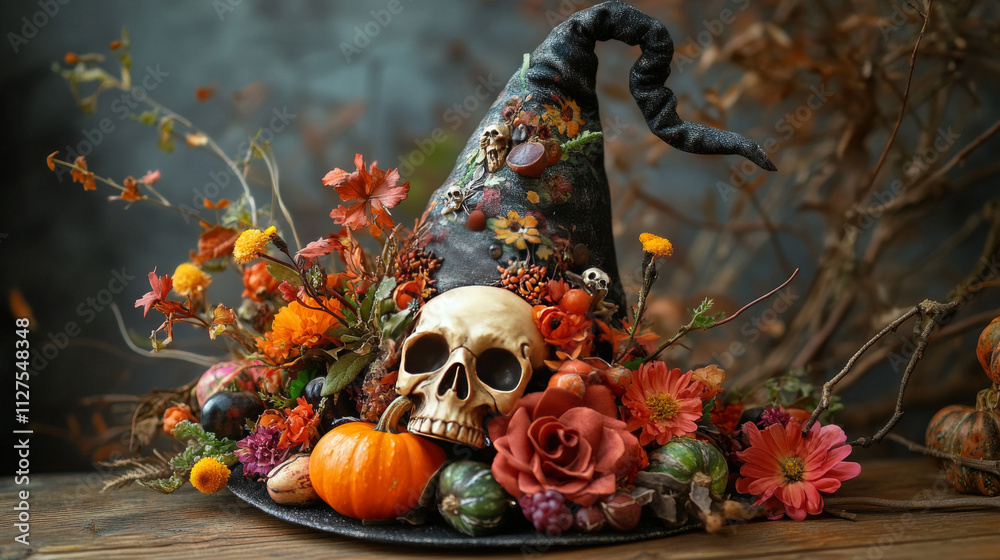 Naklejka premium Magic fairytale fantasy witch cap with decorative flowers, vegetables and skull with bones. Cartoon vector colorful autumn and Halloween design elements of wizard pointed cone hat.