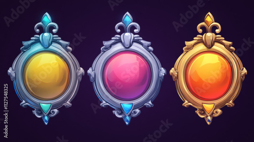 Game ui medals for third, second and first place award. Cartoon vector illustration set of trophy badge with bronze, silver and golden frame and shape of shield and hexagon. Gui achievement trophy.