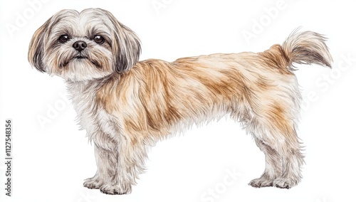 A watercolor sketch of a joyful dog standing on a clear surface, beautifully illustrating its intricate fur and appealing demeanor in a light, artistic way. photo