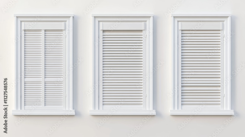 Fototapeta premium Office or home window frame with jalousie. Closed and ajar opening interior venetian blind plastic and fabric roll curtain with control cord. Realistic 3d vector set of white louvers shutter.