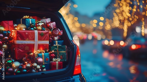 car trunk packed with Christmas decorations in shopping bags, filled with festive items like ornaments, lights, and gift promotions, seasonal advertisements, or lifestyle content photo