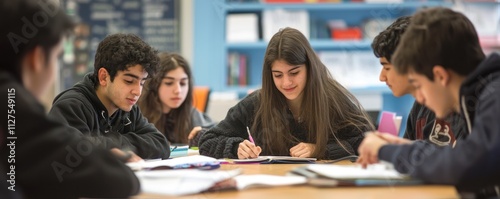 A group of students exchanging ideas and sharing notes during an intense study session at school.