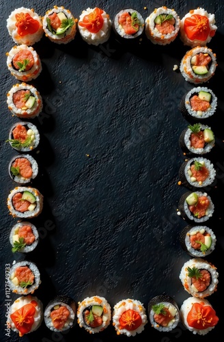 Frame of sushi rolls, sevy sauce on a dark graphite background with space for text. Menu for an Asian restaurant. photo