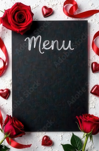 A black menu card on a table decorated with red hearts and roses. Menu for Valentine's Day.