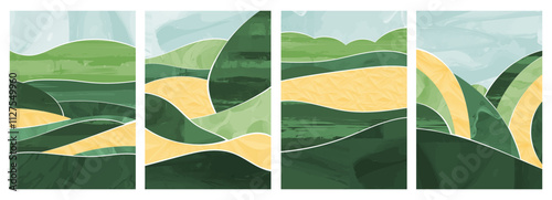 Watercolor vector wallpaper mountain, forest, sky, hills, trees, greenery. Aesthetic design captured spring, summer, outdoor adventure, travel vibes. PC background, graphic art, countryside scenery