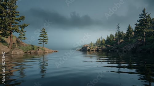 Serene Lakeside View with Lush Greenery and Calm Waters. A tranquil lakeside landscape featuring still waters, surrounded by evergreen trees and soft clouds, perfect for relaxation and natur... photo