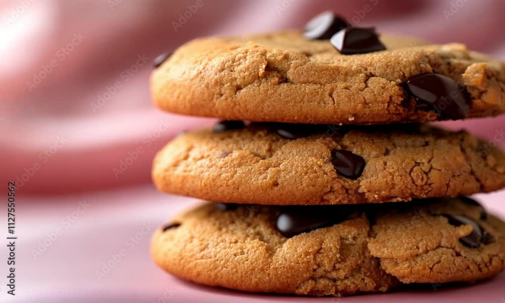 Stack of three delicious chocolate chip cookies on pink fabric.