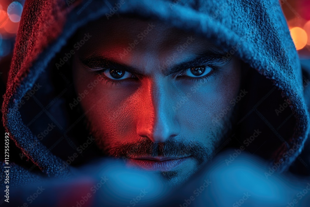 A person wearing a hoodie looks directly at the camera, making eye contact with the viewer
