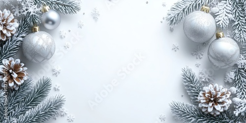 Christmas Theme, White Snowflake & Pinecone Decorations, Symmetrical Frame with Three Ornaments, Stark White Background, for Holiday Commercials, Greeting Cards, or Seasonal Materials