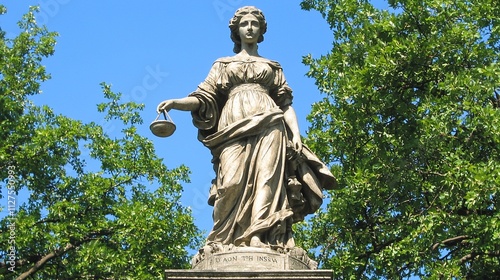 Majestic statue of a woman holding scales of justice, set against a backdrop of lush green trees and a clear blue sky.