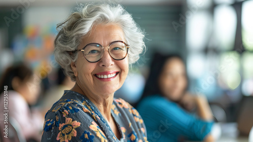 Smiling Elderly Woman with Glasses in Classroom Setting, Concept of Lifelong Learning and Education for Seniors. Copy space