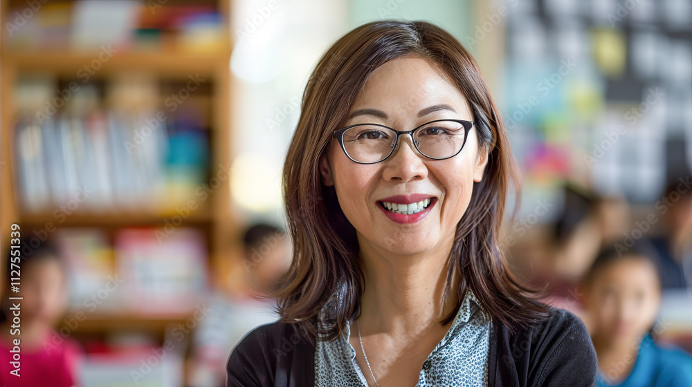 Asian Female Teacher Smiling In Classroom Setting. Concept of Education, Learning Environment, Female Empowerment, and Academic Success. Copy space Asian Female Teacher Smiling In Classroom Setting. Concept of Education, Learning Environment, Female Empowerment, and Academic Success. Copy space