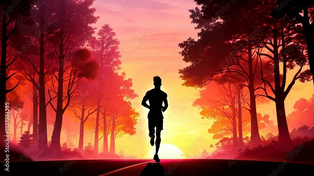 A lone runner navigates a quiet road through a scenic forest as the sun sets on the horizon. The vibrant colors create a tranquil atmosphere perfect for evening activity. A lone runner navigates a quiet road through a scenic forest as the sun sets on the horizon. The vibrant colors create a tranquil atmosphere perfect for evening activity.