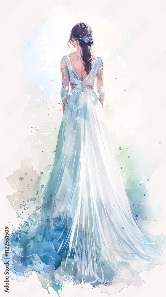 Watercolor Illustration of a Bride in a Flowing White Gown, Concept of Wedding Elegance, Bridal Beauty, Romantic Celebration, and Artistic Design. Vertical Watercolor Illustration of a Bride in a Flowing White Gown, Concept of Wedding Elegance, Bridal Beauty, Romantic Celebration, and Artistic Design. Vertical