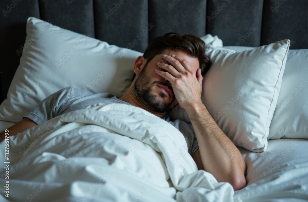 Exhausted man resting in bed with hand on face for stress relief and relaxation concept Exhausted man resting in bed with hand on face for stress relief and relaxation concept