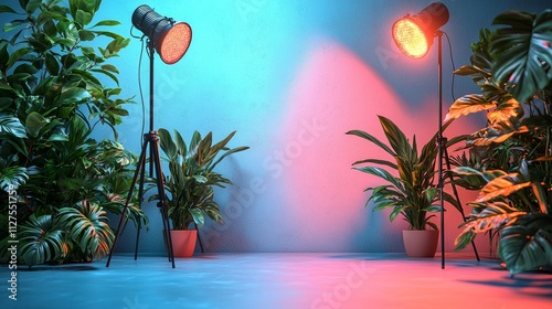 Studio setup with vibrant lighting and potted plants photo