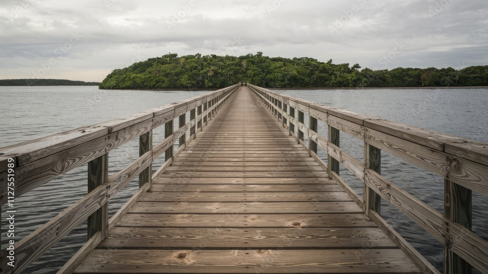 Serene Wooden Pier Leading to Lush Island at Dusk. A tranquil wooden pier extends into calm waters, guiding the way to a green island under a moody sky. Perfect for nature and relaxation the... Serene Wooden Pier Leading to Lush Island at Dusk. A tranquil wooden pier extends into calm waters, guiding the way to a green island under a moody sky. Perfect for nature and relaxation the...