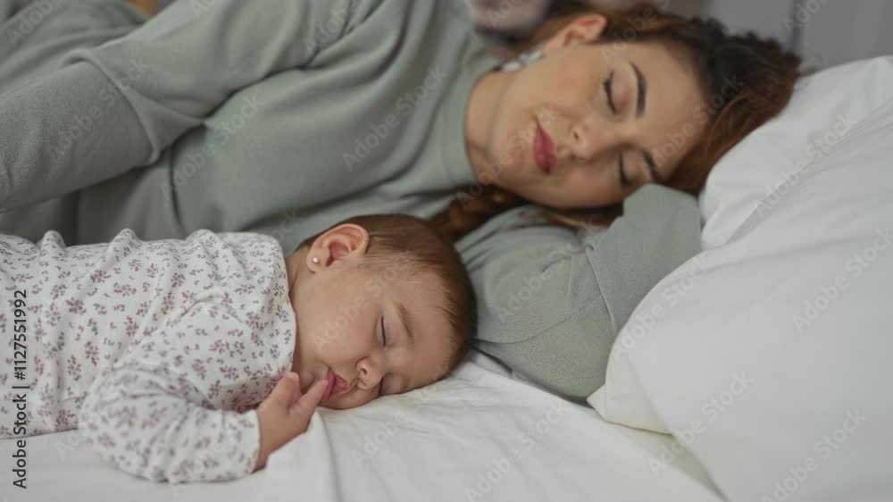 Mother and baby sleeping peacefully together on a bed in a cozy home interior symbolizing love and family connection. Mother and baby sleeping peacefully together on a bed in a cozy home interior symbolizing love and family connection.