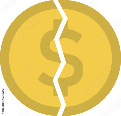 Gold dollar coin broken in half icon. Vector illustration.