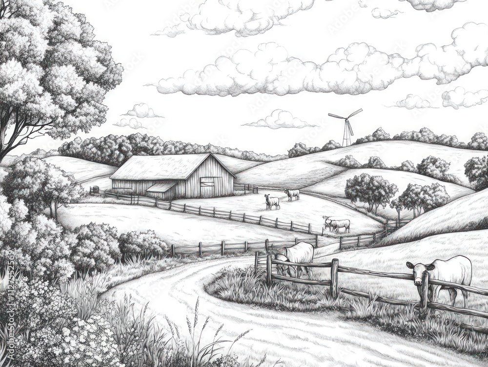 Obraz premium Peaceful rural landscape; barn, cows, windmill.