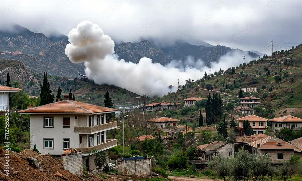Soldiers conduct training exercises resulting in smoke clouds over a scenic village nestled in the mountains of Turkey Soldiers conduct training exercises resulting in smoke clouds over a scenic village nestled in the mountains of Turkey