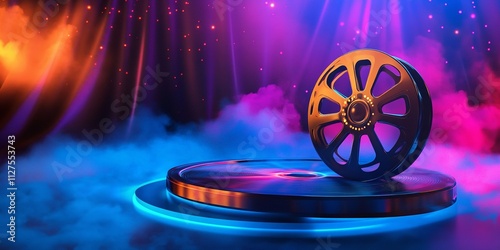 A futuristic cinematic reel glowing on a vibrant blue platform amid colorful theater vibes